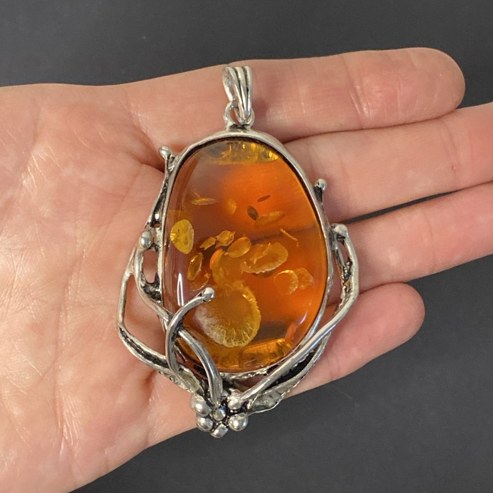 Large Art Nouveau 925 Silver Floral Baltic Amber Vintage Flower Leaf Pendant
